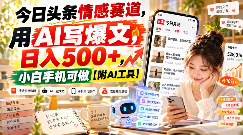 今日头条情感赛道，用AI写爆文，日入500+，小白手机可做【附AI工具】-淘金日记