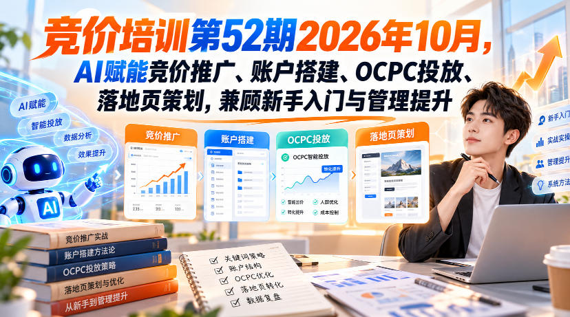 【无水印】竞价培训第52期2026年10月，AI赋能竞价推广、账户搭建、OCPC投放、落地页策划，兼顾新手入门与管理提升-淘金日记
