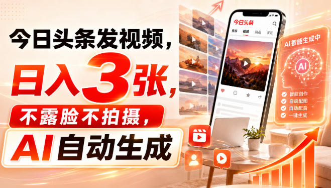 今日头条发视频，日入3张，不露脸不拍摄，AI自动生成-淘金日记