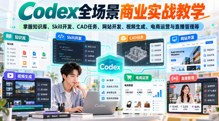 【无水印】Codex全场景商业实战教学，掌握知识库、Skill开发、CAD任务、网站开发、视频生成、电商运营与直播管理等-淘金日记