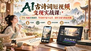 AI古诗词短视频变现实战课:手机+电脑双端制作,零基础学起号运营、创作分成与收徒变现-淘金日记