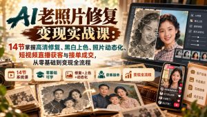 AI老照片修复变现实战课:14节掌握高清修复、黑白上色、照片动态化、短视频直播获客与接单成交,从零基础到变现全流程-淘金日记