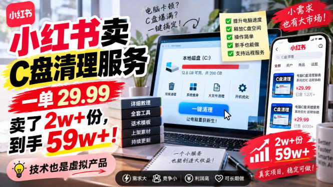 小红书卖C盘清理服务，一单29.99，卖了2w+份，技术也是虚拟产品-淘金日记