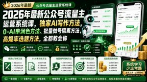 2026年最新公众号流量主运营系统课,独家AI写作方法,0-AI率润色方法、批量做号隔离方法、高爆率选题方法,全都教会你-淘金日记