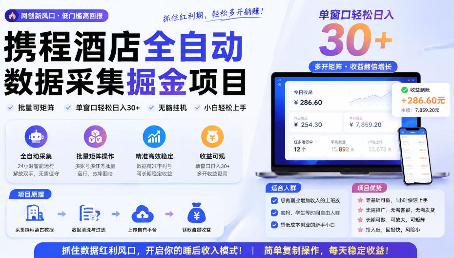 携程酒店采集挂G项目，批量可矩阵，单机轻松日入300+，开启你的睡后收入模式!【揭秘】-淘金日记
