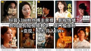 抖音53W粉丝博主亲授｜影视情绪共鸣混剪短视频教学，低门槛涨粉+变现，轻松月入1W+-淘金日记