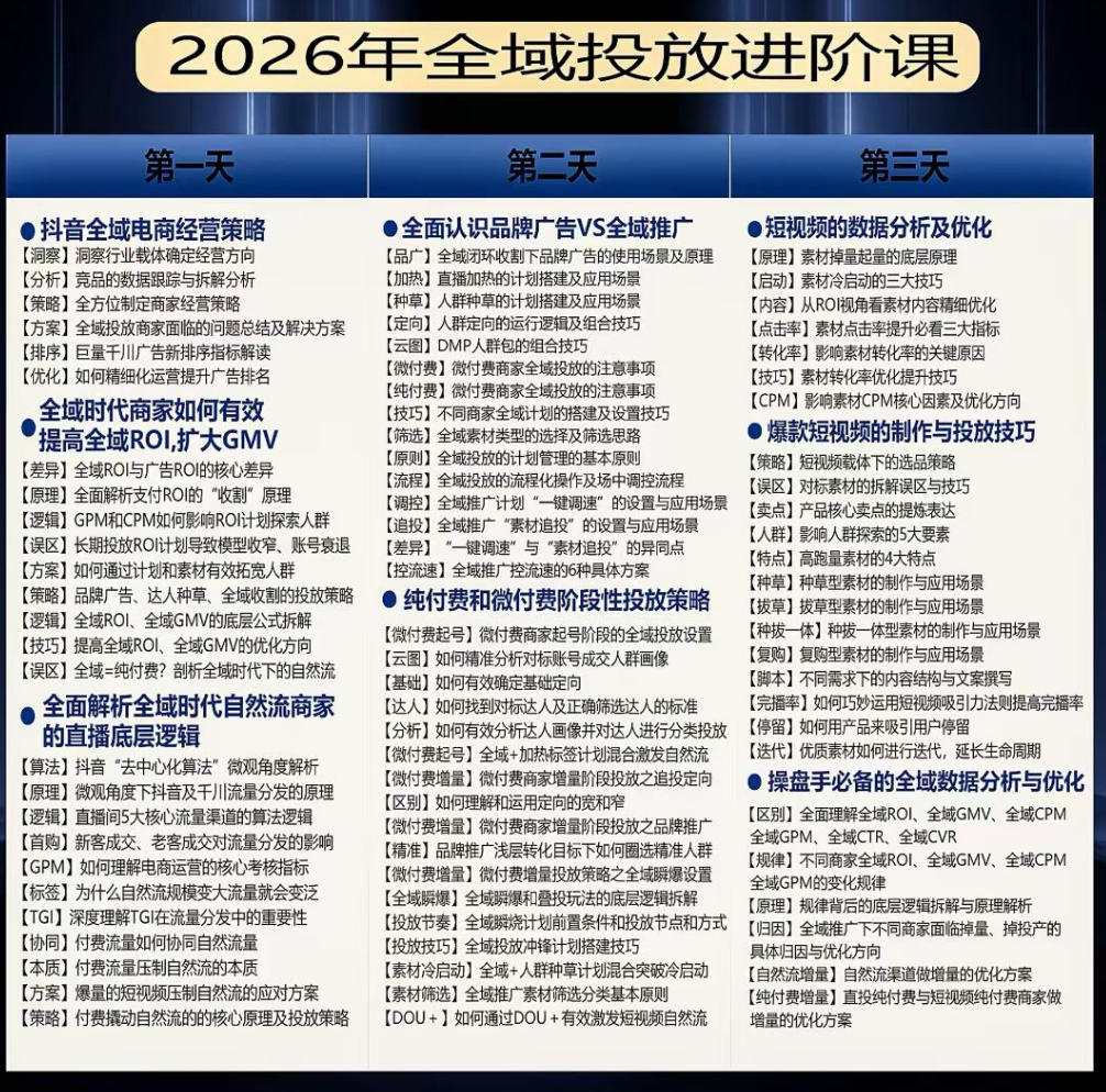 千川扫地僧2026抖音全域投放进阶课，少走弯路·快速起量·掌控增长，6月12-14号杭州线下课-淘金日记