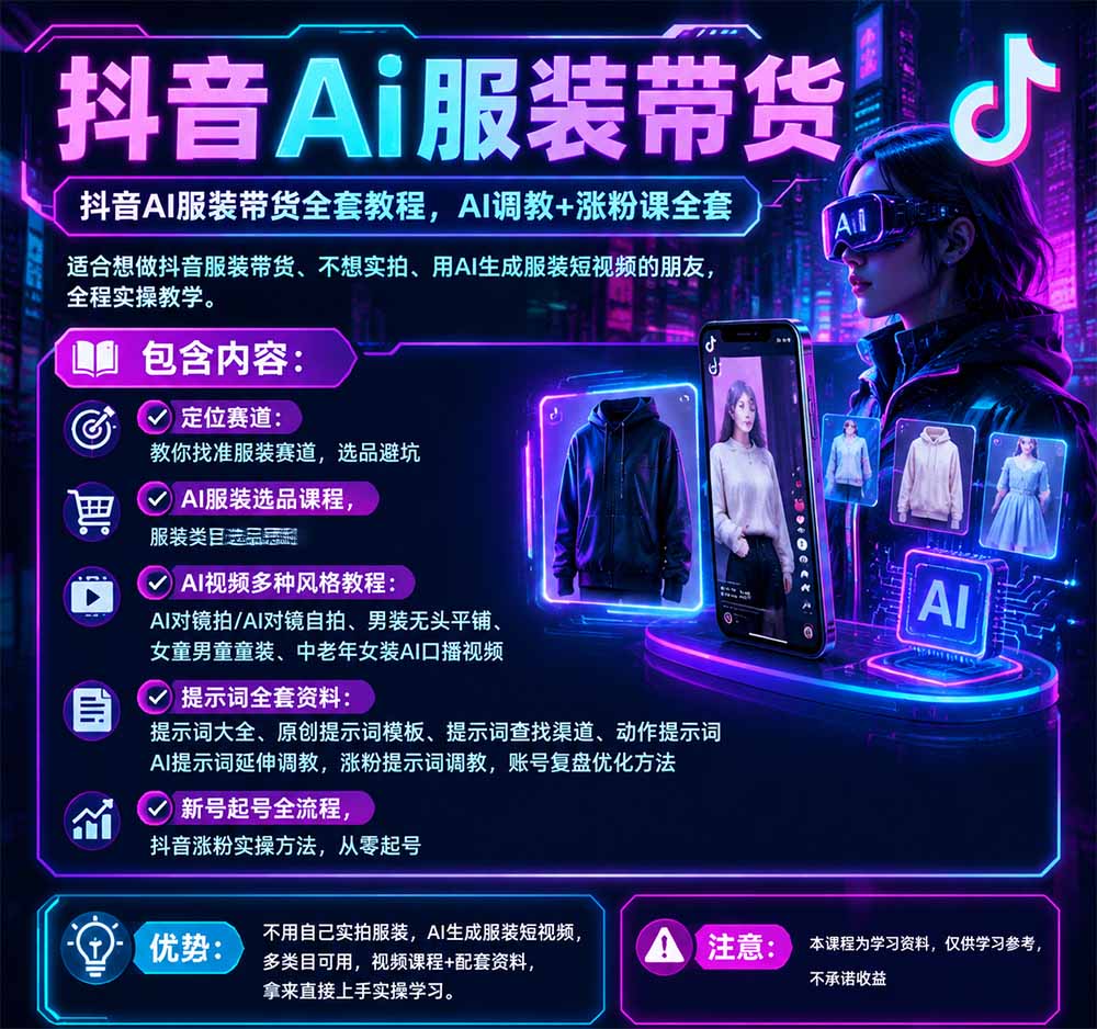 抖音AI服装带货全套教程，不靠真人出镜，利用AI批量制作服装带货短视频，打通选品、AI提示词调教、起号涨粉全流程-淘金日记