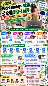 2026WorkBuddy+Skill公众号自动化获客实战课,从爆款选题、AI写作、ima知识库到四大AI员工、自动排版及引流变现,用AI打造你的公众号内容团队-淘金日记